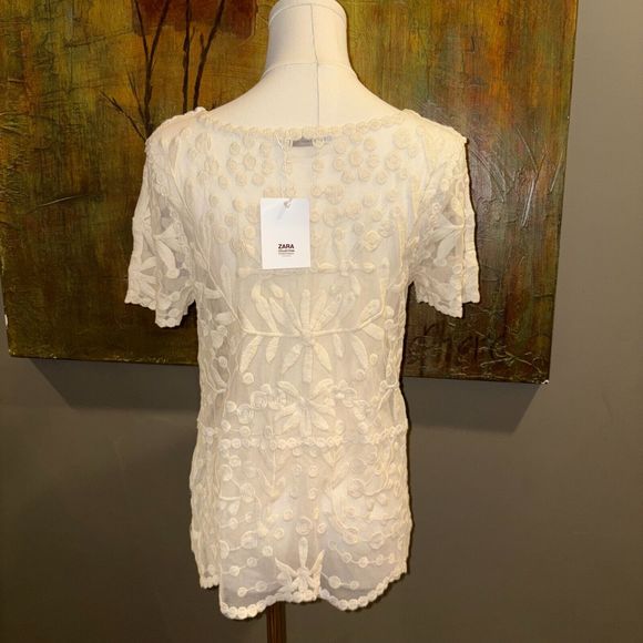ZARA Women’s Cream Color Embroidered Tulle Sheer Short Sleeve Shirt Top Size M - Picture 2 of 2